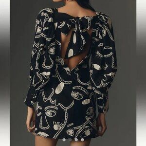 New FARM Rio Richelieu Faces Long Sleeve Back Bow Mini Dress